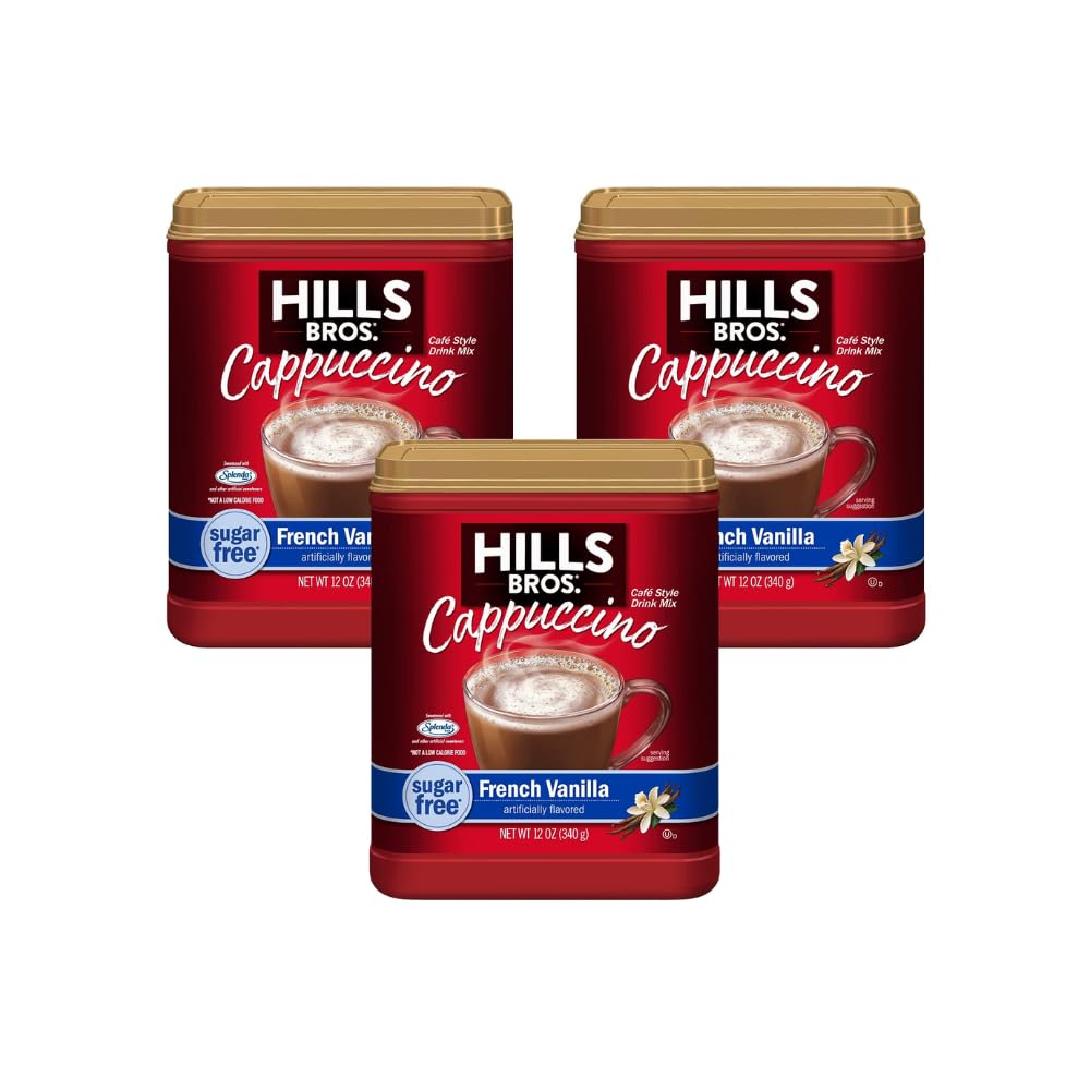 Hills Bros cappuccino French Vanilla canister showing rich aroma for sugar-free indulgence