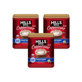 Hills Bros cappuccino French Vanilla canister showing rich aroma for sugar-free indulgence