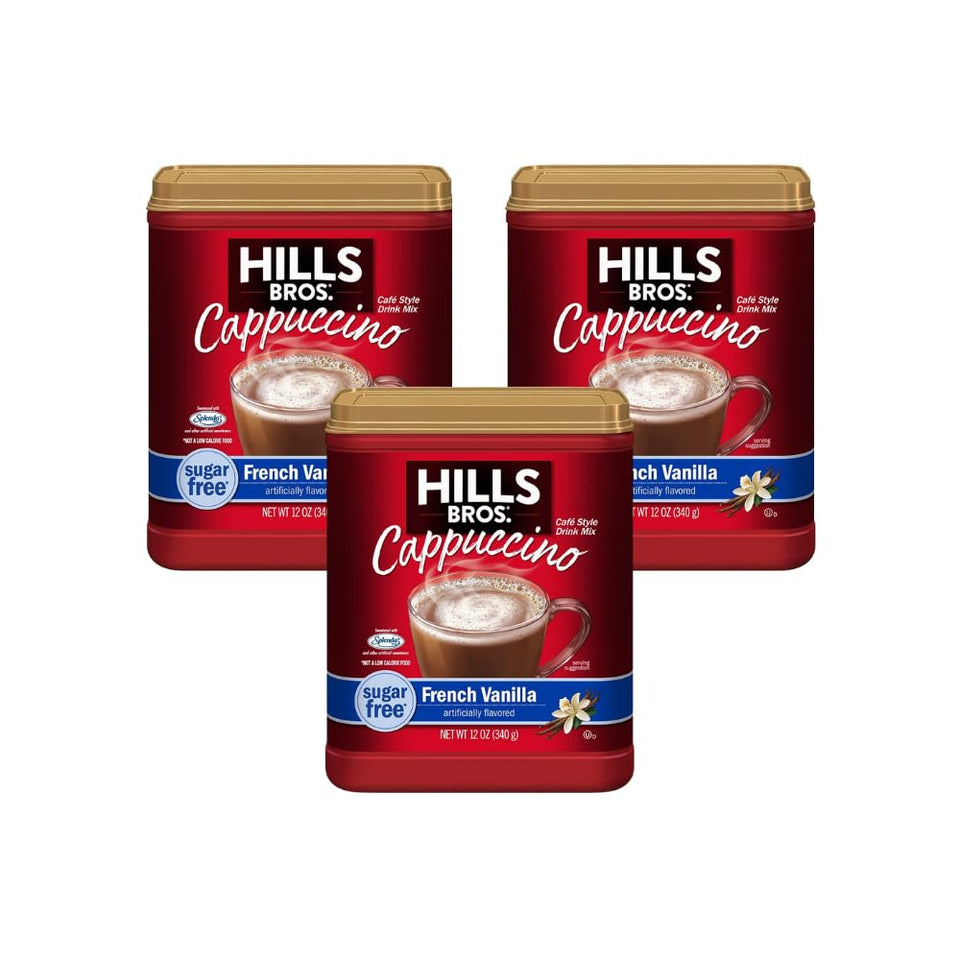 Hills Bros cappuccino French Vanilla canister showing rich aroma for sugar-free indulgence