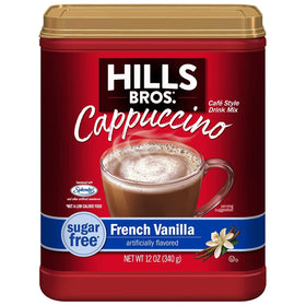 Hills Bros cappuccino French Vanilla cup foam illustrates creamy texture without sugar