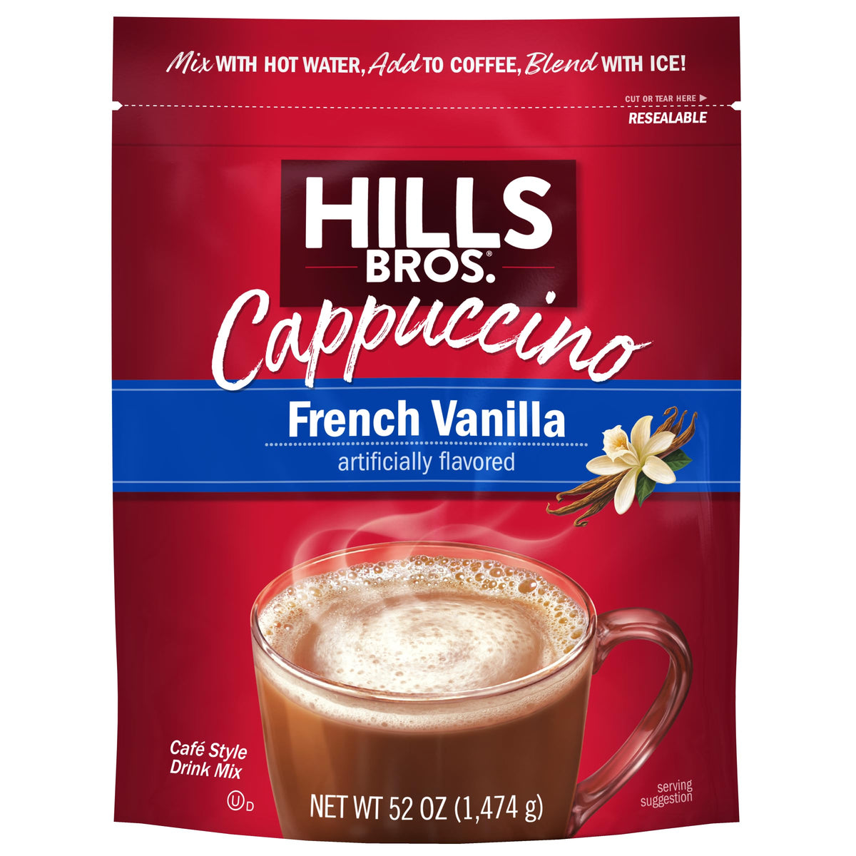 Hills Bros French Vanilla cappuccino powder ready to pour for café-style flavor.