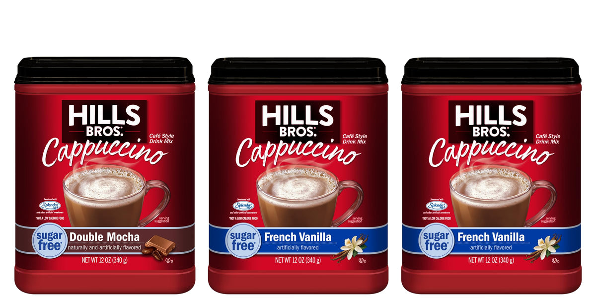 Hills Bros cappuccino mix label showcasing instant preparation for home use