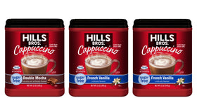 Hills Bros cappuccino mix label showcasing instant preparation for home use