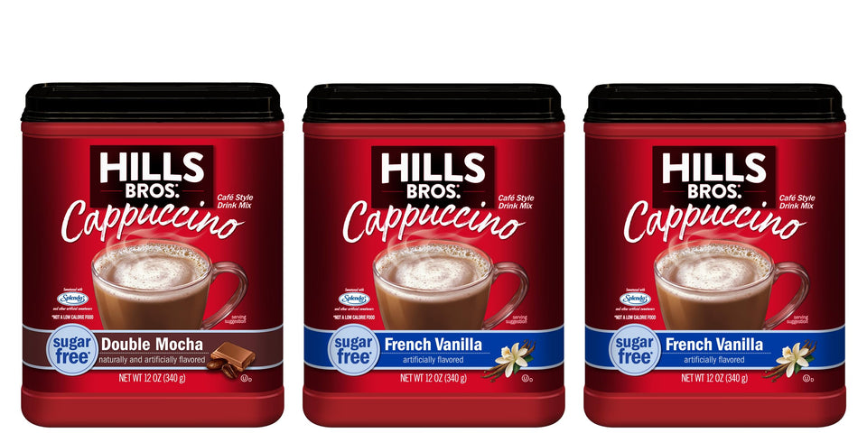 Hills Bros cappuccino mix label showcasing instant preparation for home use