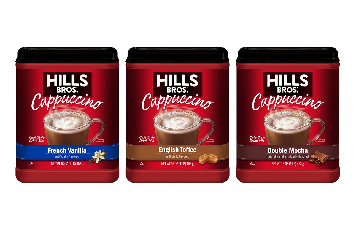 Hills Bros Cappuccino Mix 16oz pack label, ideal for quick café-style beverages.
