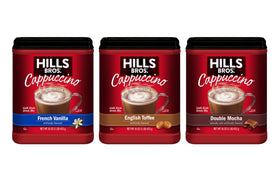 Hills Bros Cappuccino Mix 16oz pack label, ideal for quick café-style beverages.