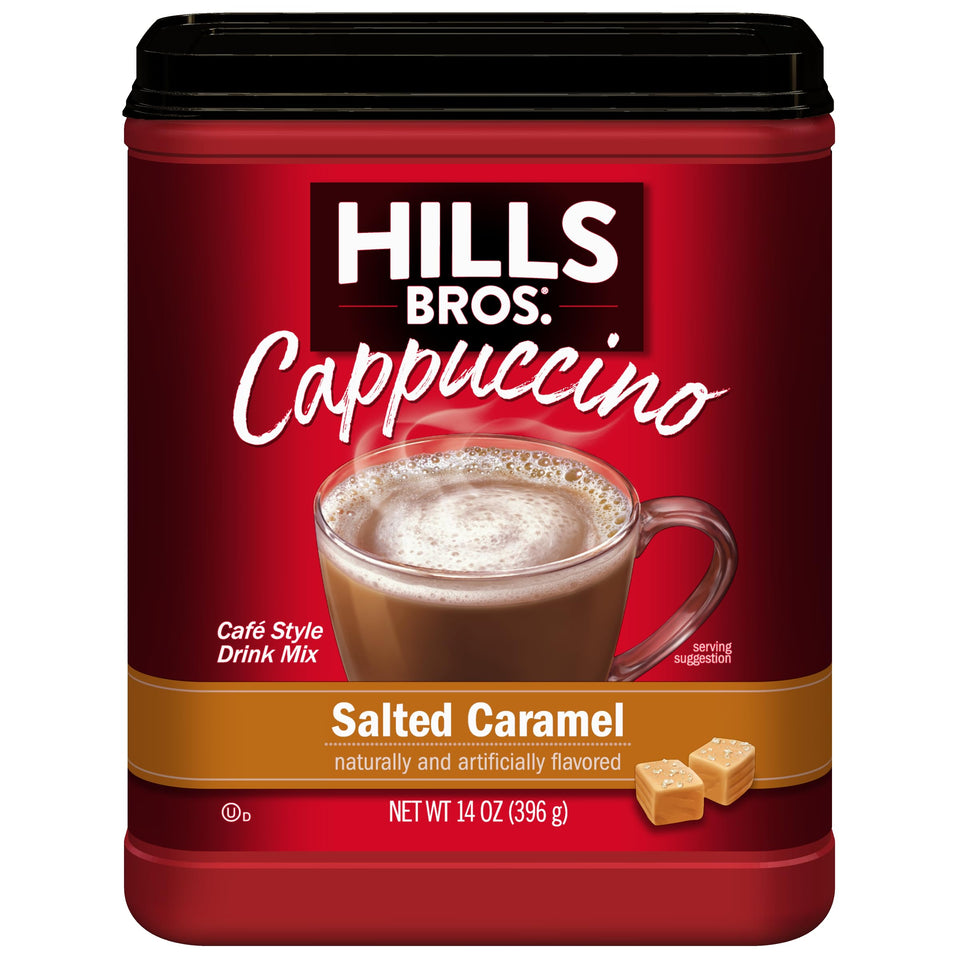 Hills Bros Cappuccino Mix salted caramel cup delivers cafe-style indulgence at home.