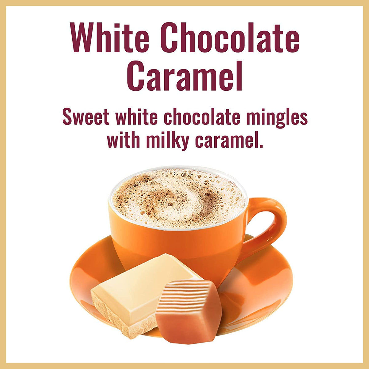 Hills Bros Cappuccino Mix white chocolate caramel notes enrich flavors.
