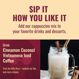 52-ounce Hills Bros cappuccino pack keeps instant flavor ready.