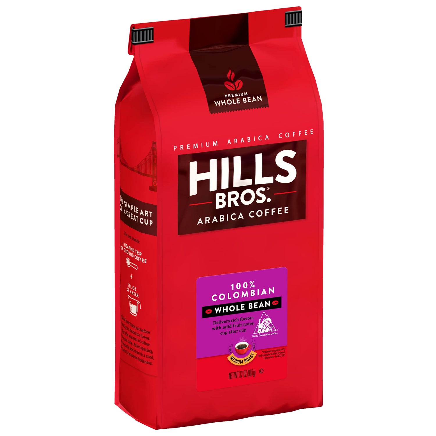 Hills Bros Colombian whole bean bag highlights premium aroma.