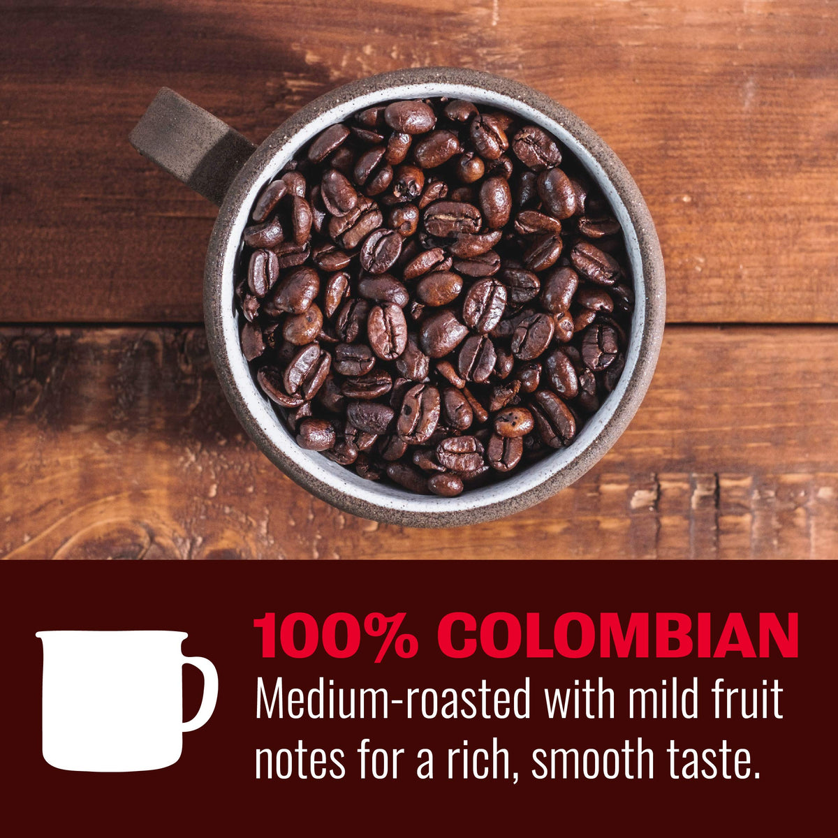 Hills Bros Colombian whole bean grind image shows fresh grinding for peak flavor.