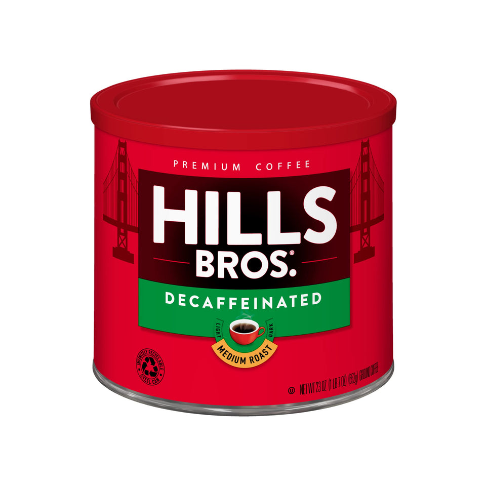 Hills Bros. Decaf ground coffee can preserving freshness for everyday brews.