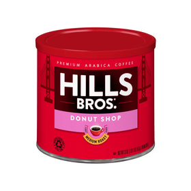 Hills Bros Donut Shop ground coffee can with premium Arabica for rich morning flavor.