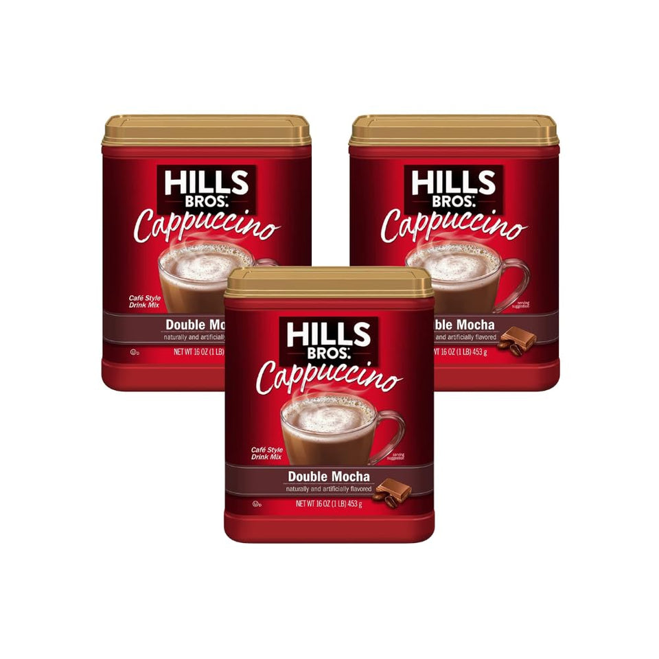Hills Bros Double Mocha instant cappuccino pack ready for quick indulgence.