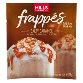 Hills Bros Frappés Salted Caramel glass presentation for a café-style treat at home