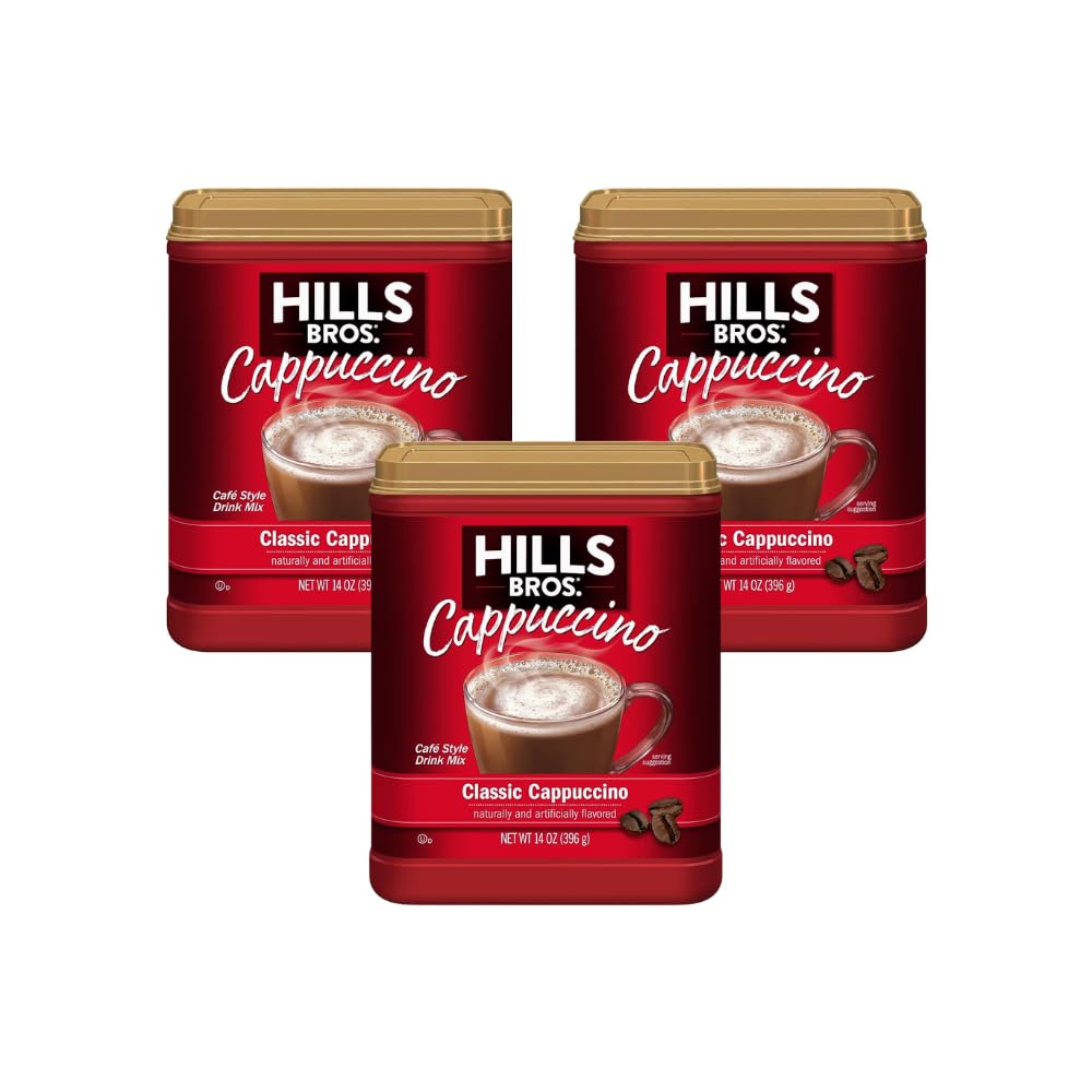 Hills Bros Instant Cappuccino packaging shows a quick, at-home drink option.