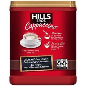 Hills Bros instant cappuccino powder for fast, creamy cappuccino at home.