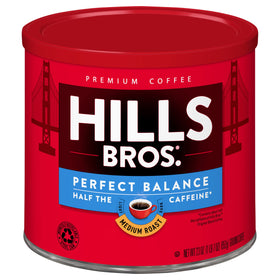 Hills Bros Perfect Balance ground coffee can showcasing premium packaging for freshness