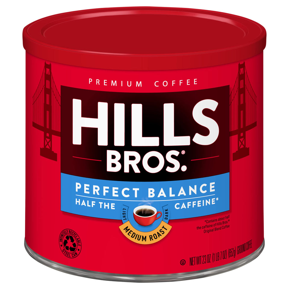 Hills Bros Perfect Balance ground coffee can showcasing premium packaging for freshness
