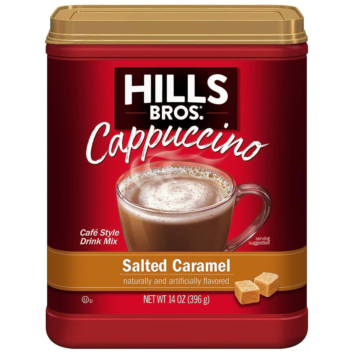 Back view of Hills Bros Salted Caramel Cappuccino Pack 3 showing ingredients and prep tips
