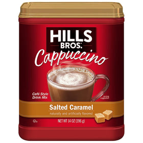 Back view of Hills Bros Salted Caramel Cappuccino Pack 3 showing ingredients and prep tips