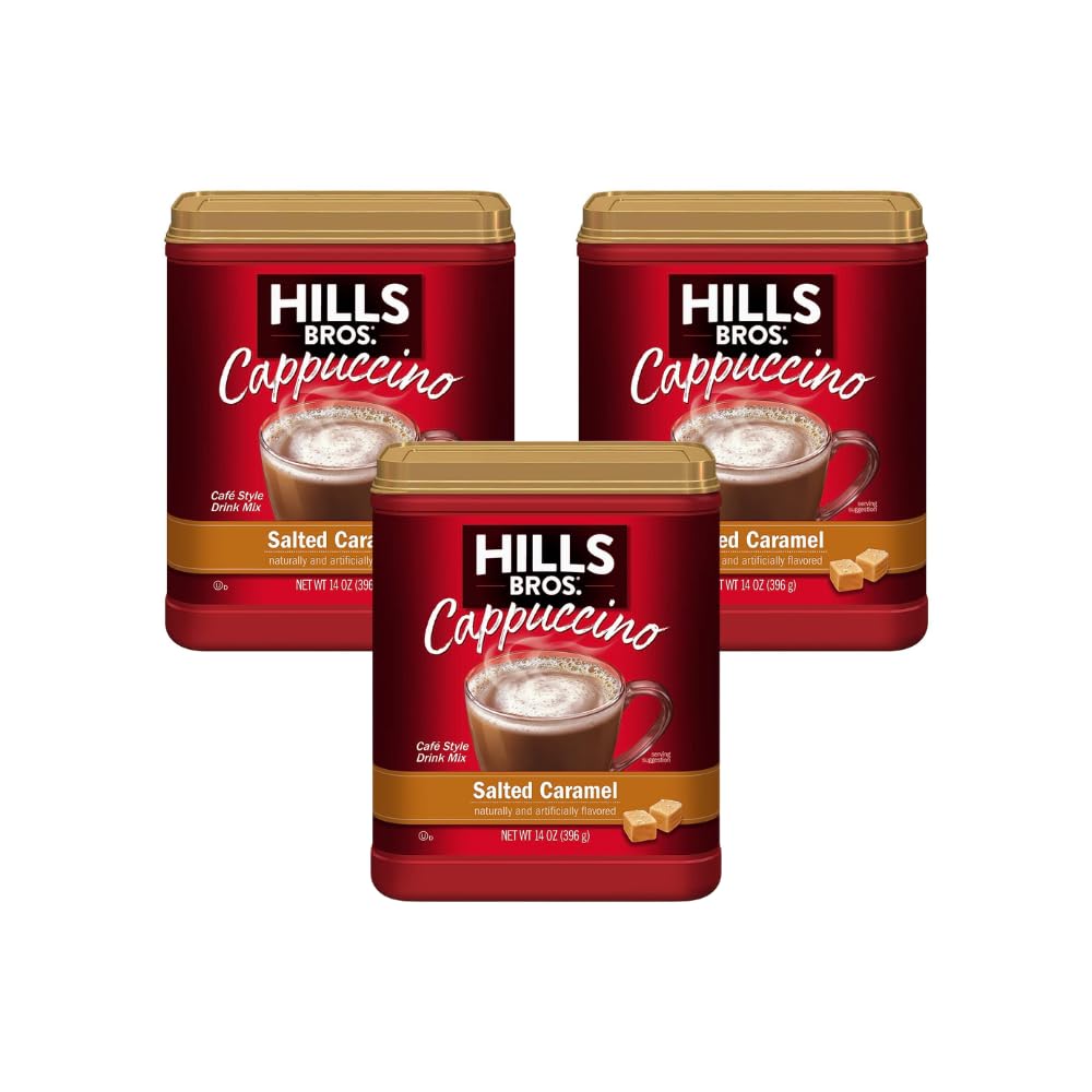 Front view of Hills Bros Salted Caramel Cappuccino Pack 3 for quick home indulgence
