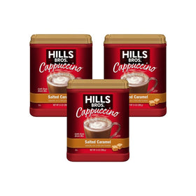 Front view of Hills Bros Salted Caramel Cappuccino Pack 3 for quick home indulgence