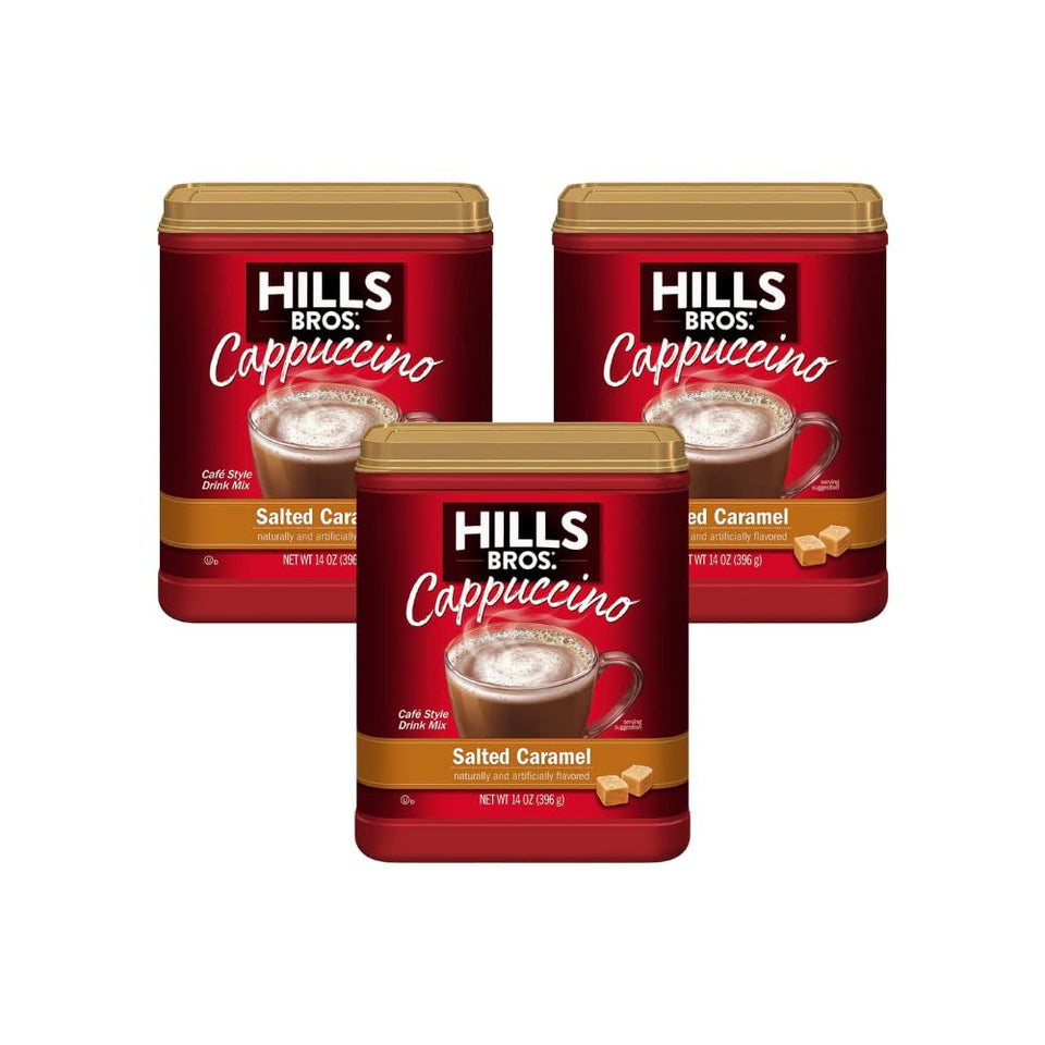 Front view of Hills Bros Salted Caramel Cappuccino Pack 3 for quick home indulgence