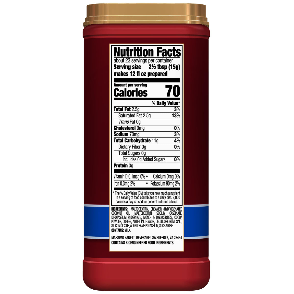 Hills Bros sugar-free label emphasizes zero sugar and lower calorie option