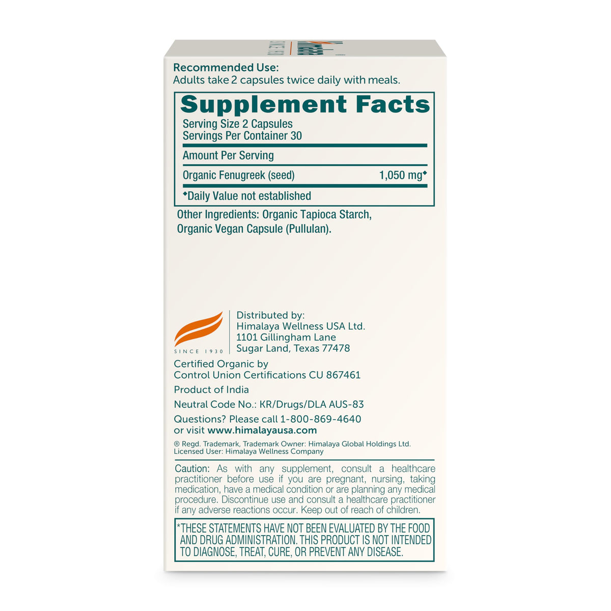Himalaya Fenugreek daily serving label showing 1,050 mg per serving