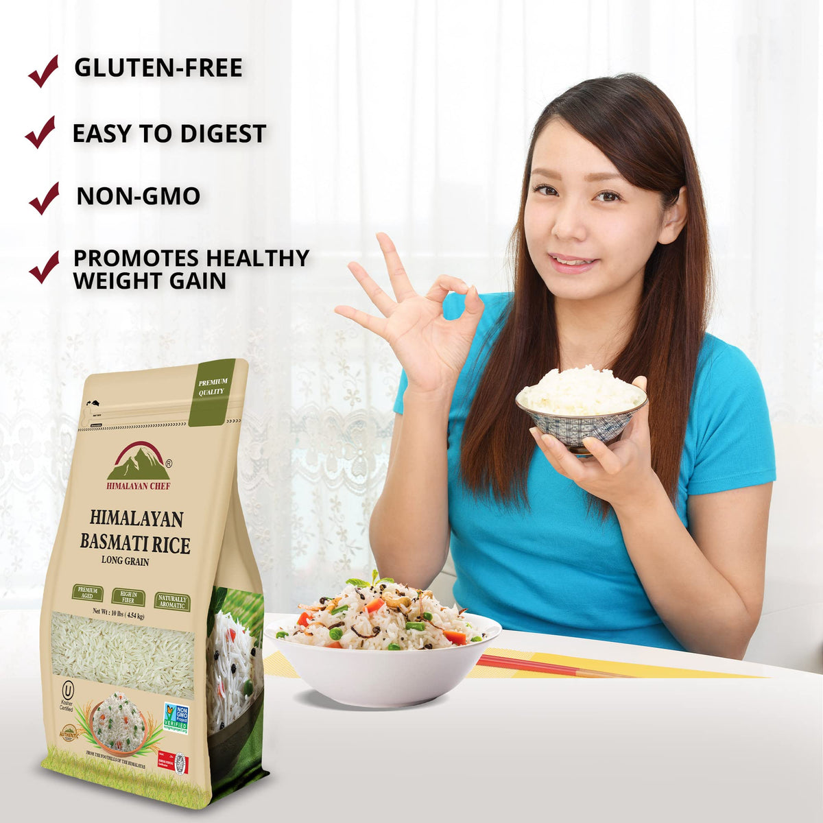 Himalayan Chef Basmati grains plated with curry, elevating pulao, pilaf, or biryani.
