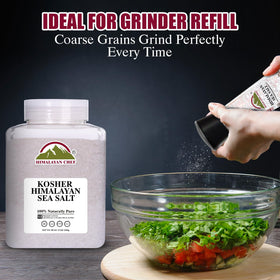 Himalayan Chef Kosher Sea Salt five-pound jar open shows generous kitchen supply