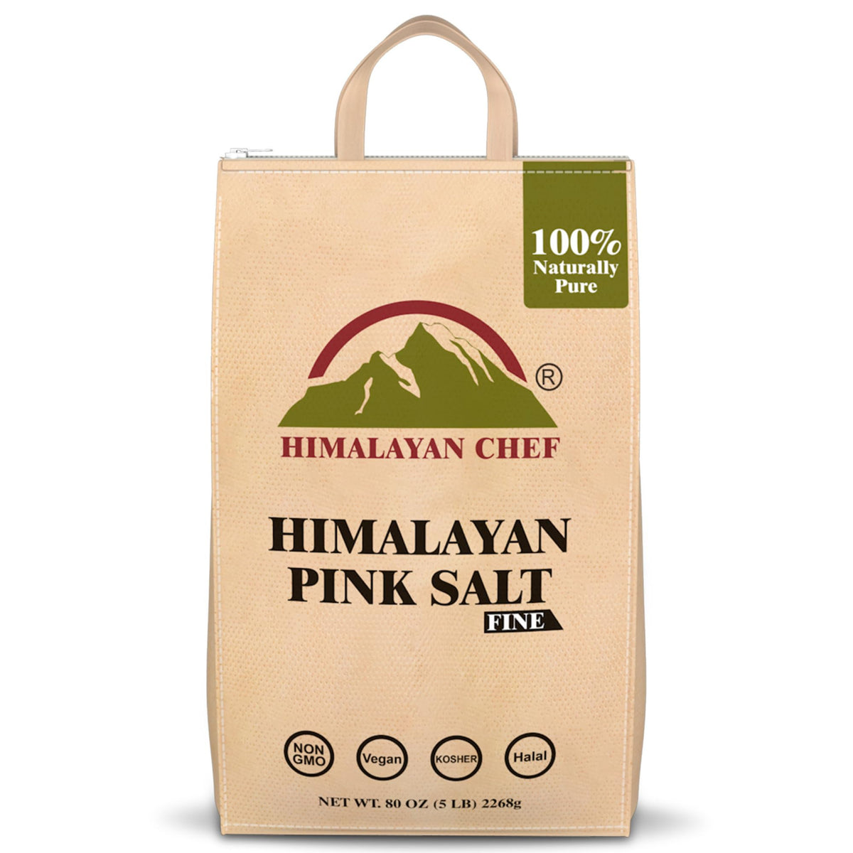 Himalayan Chef pink salt 5 lbs bulk bag preserves freshness for home cooking.