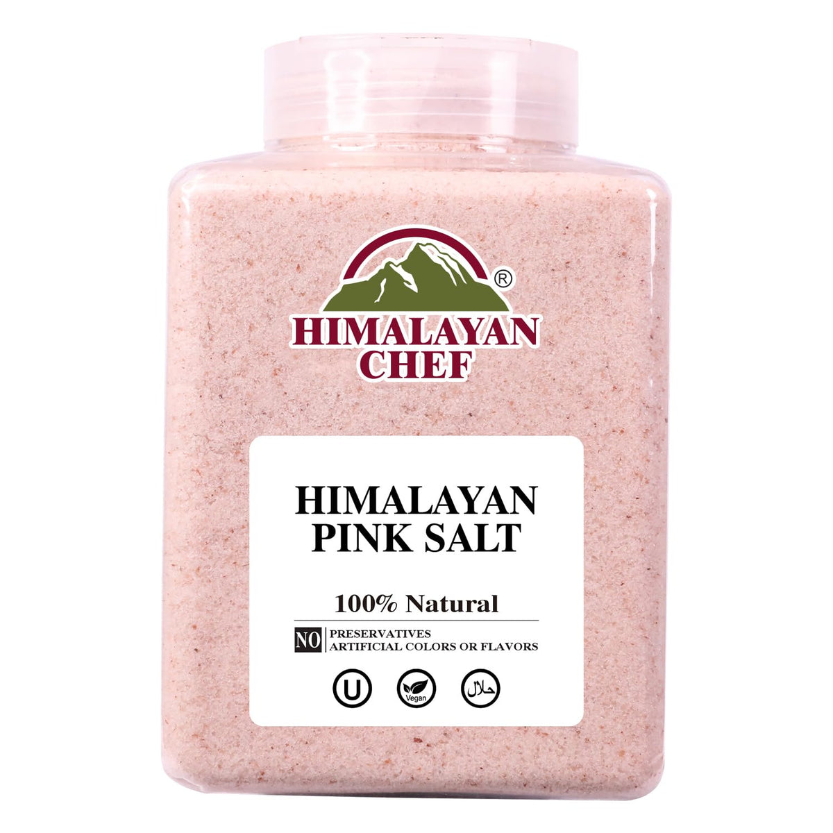 Himalayan Chef pink salt crystals in a 5 lb jar for fine culinary seasoning.
