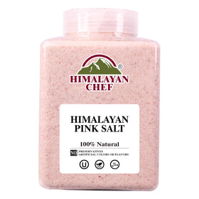 Himalayan Chef pink salt crystals in a 5 lb jar for fine culinary seasoning.