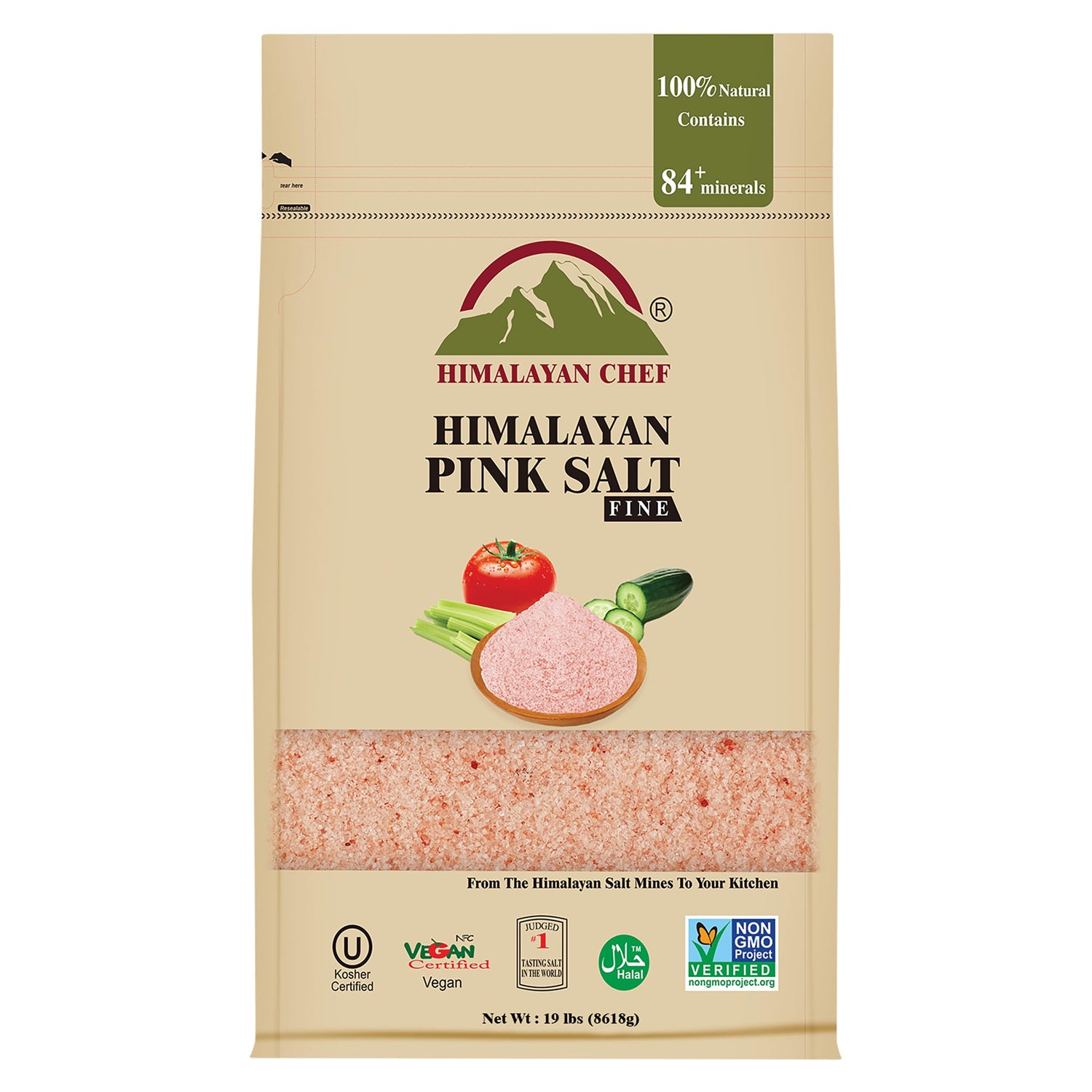 Himalayan Chef pink salt extra-fine grains in a 19 lb bag for everyday cooking
