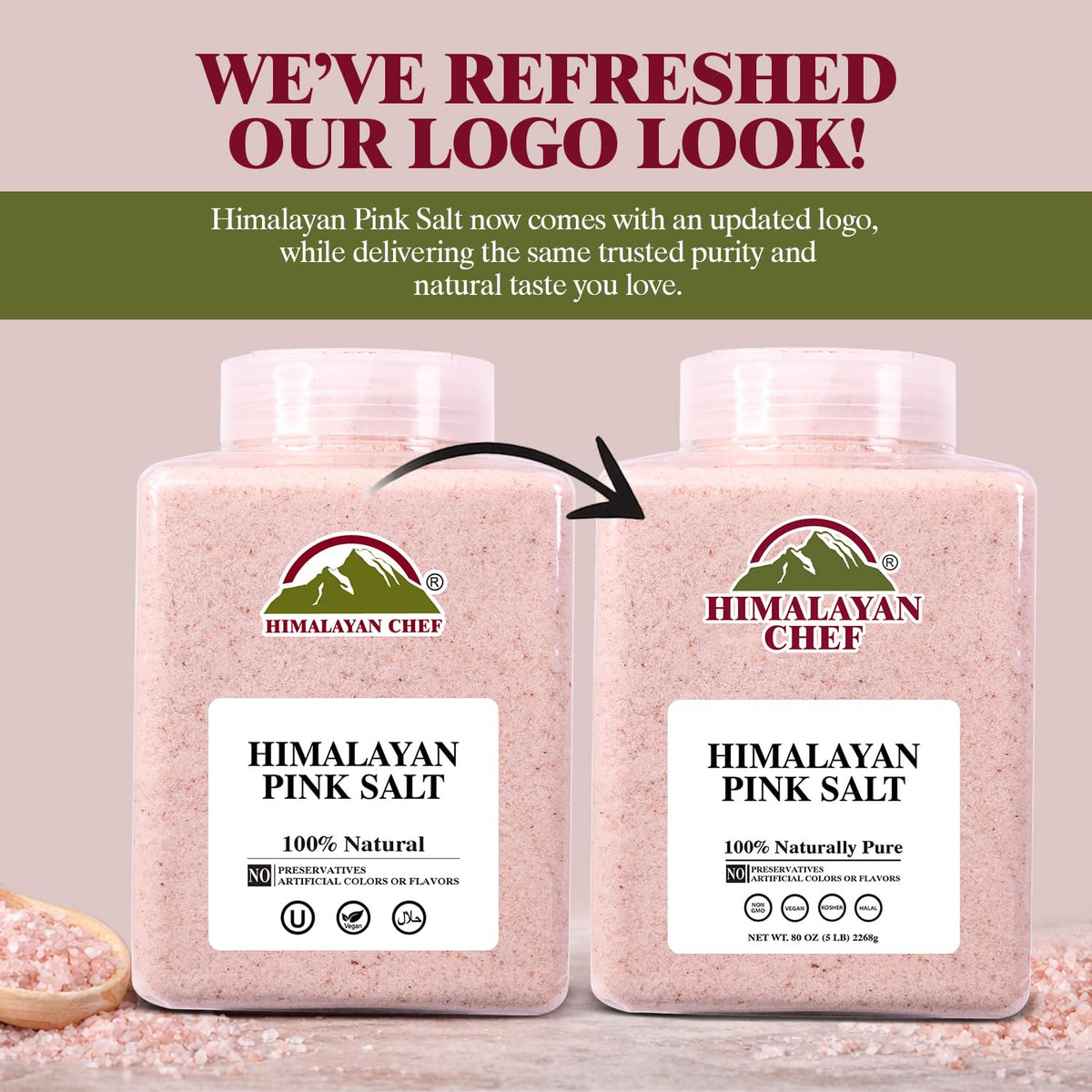Himalayan Chef pink salt jar on kitchen counter showcasing natural color.