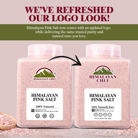Himalayan Chef pink salt jar on kitchen counter showcasing natural color.