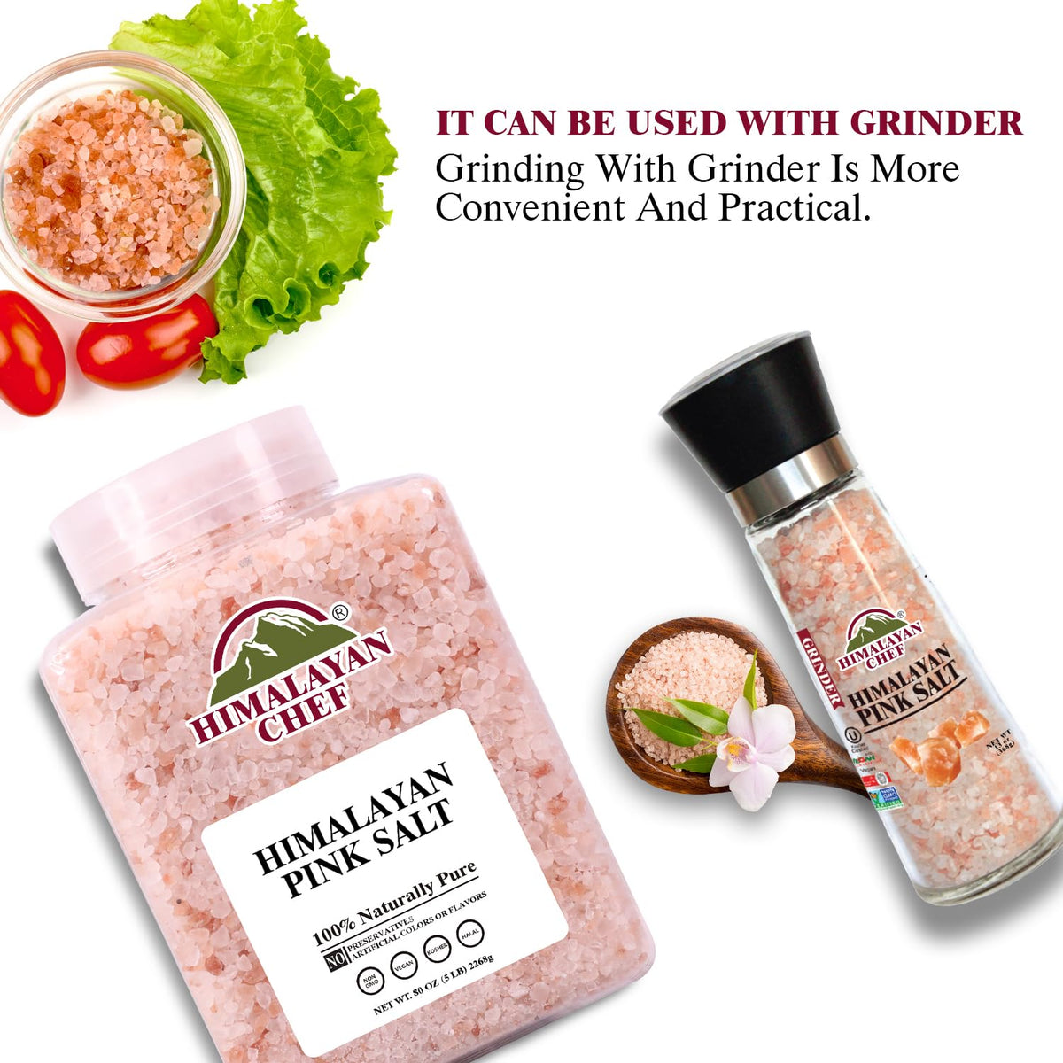 Himalayan Chef Pink Salt jar and spoon close-up for prep