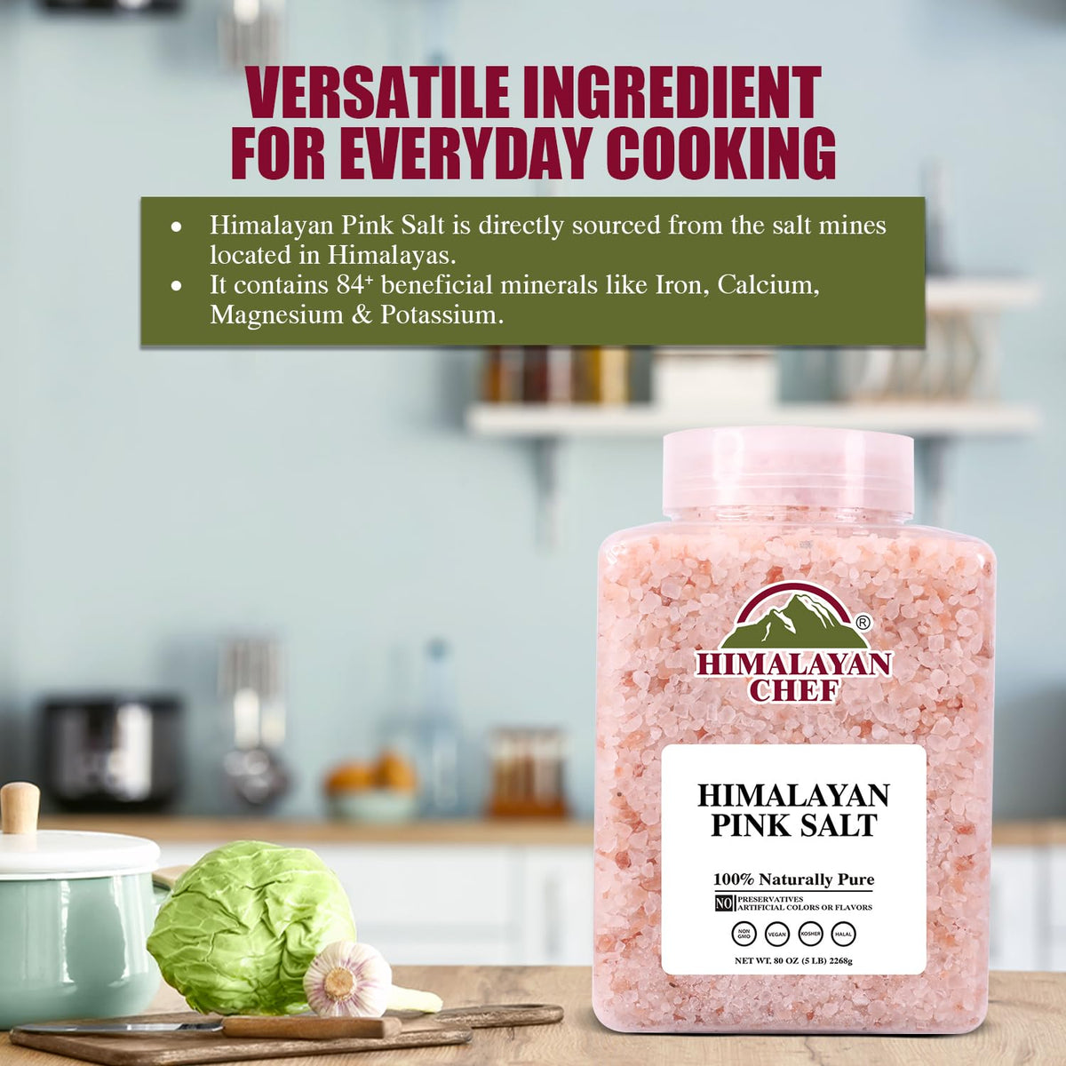 Himalayan Chef Pink Salt-packaging with kosher and ISO certifications