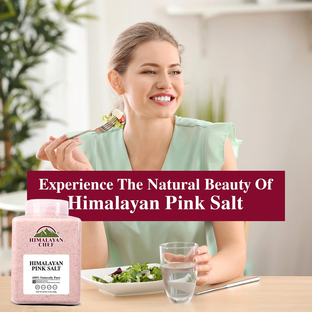 Himalayan Chef pink salt displayed in pantry with easy-dispense jar.