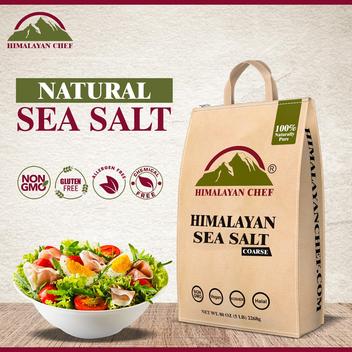 Close-up of Himalayan Chef coarse salt crystals for mineral-rich seasoning.