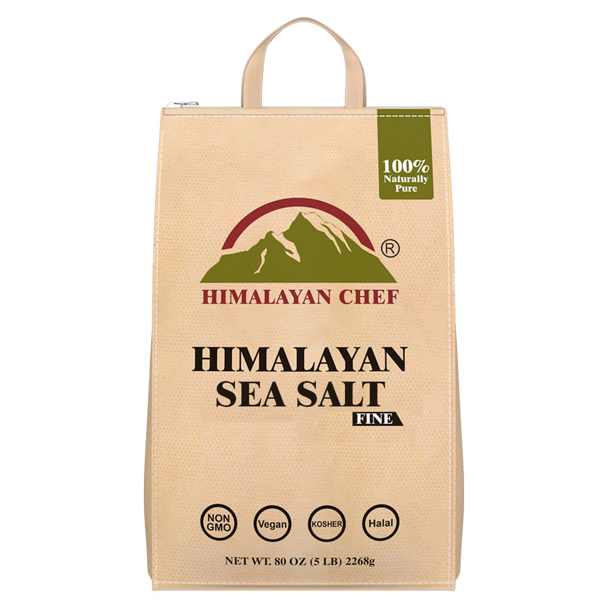 Himalayan Chef Sea Salt Fine bag closeup showing natural crystals for versatile seasoning.