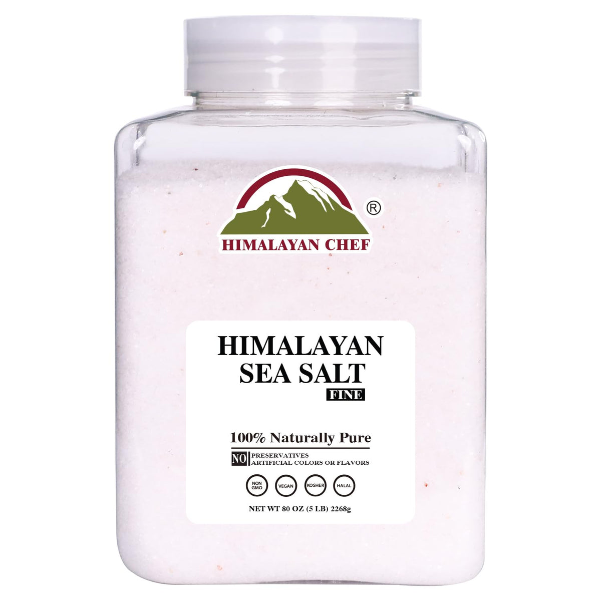 Himalayan Chef sea salt fine grain jar close-up for cooking flavor