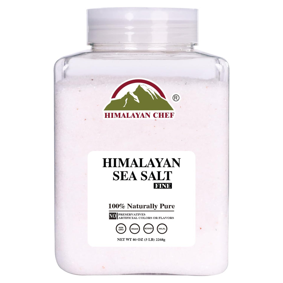 Himalayan Chef sea salt fine grain jar close-up for cooking flavor