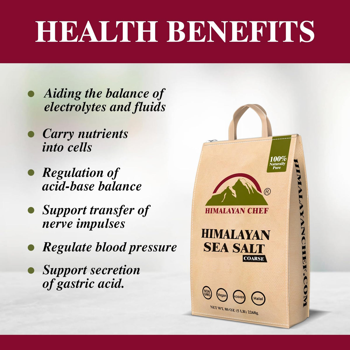 Himalayan Chef sea salt coarse grains used for grinder refills and even seasoning.
