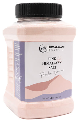 Himalayan Secrets pink salt powder jar; mineral-rich seasoning for everyday cooking.