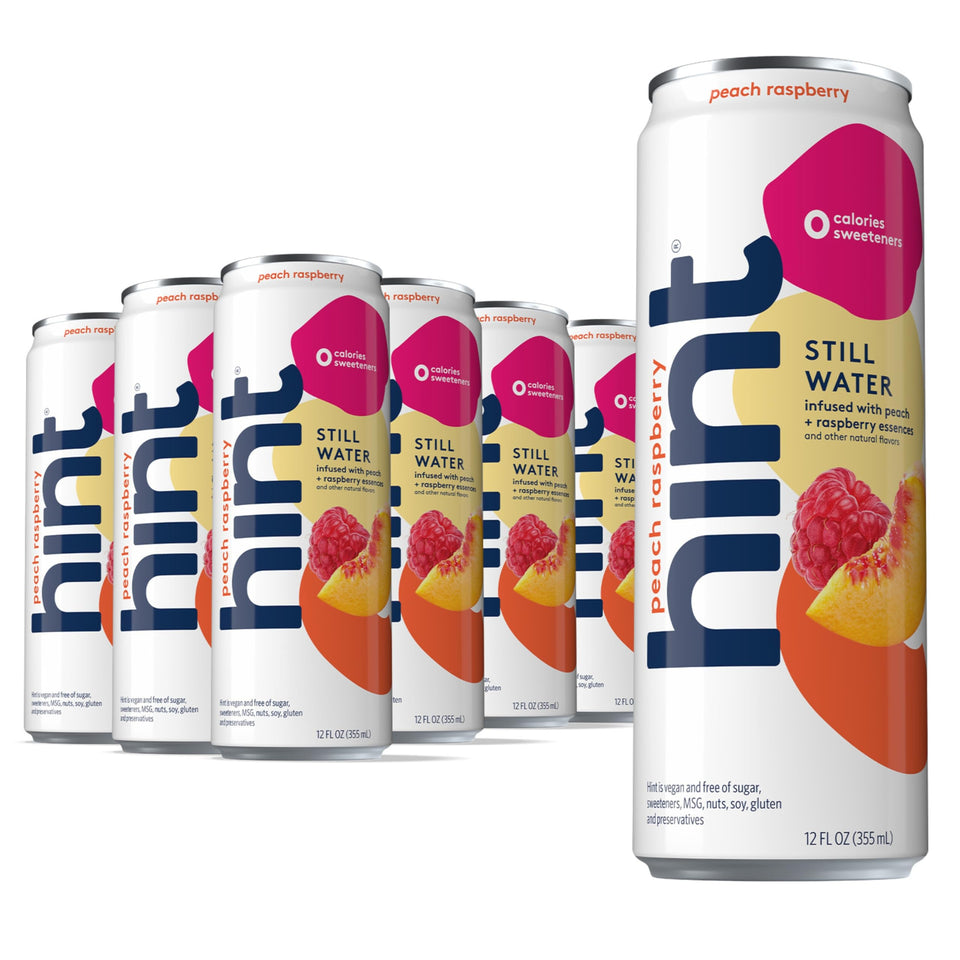 Hint Peach Raspberry canned water on-the-go hydration with zero calories.