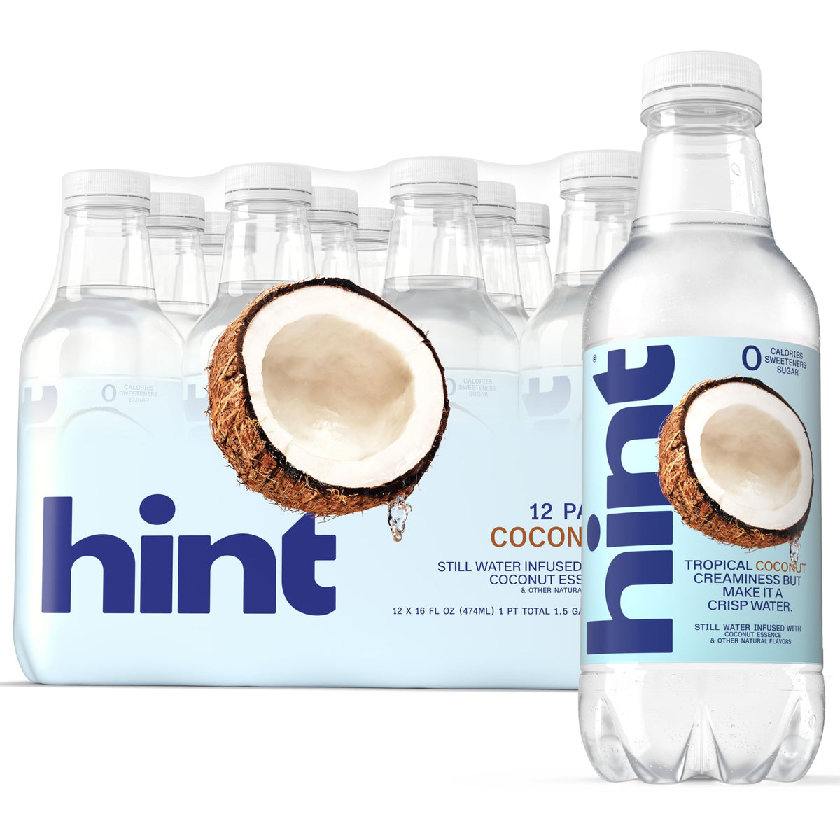 Hint coconut-flavored water bottle close-up promoting zero-calorie hydration.