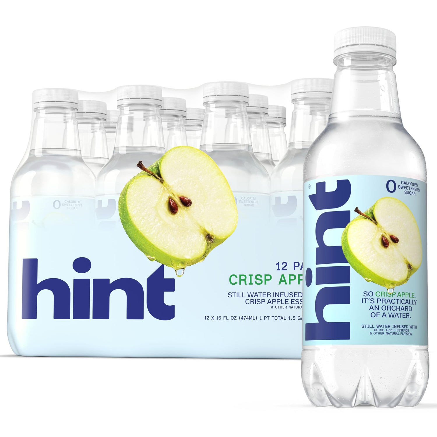 Hint crisp apple bottle shows zero sugar and pure flavor.